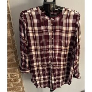 Loft Women's Smock Purple, White & Gold Plaid Long Sleeve Top Size XL